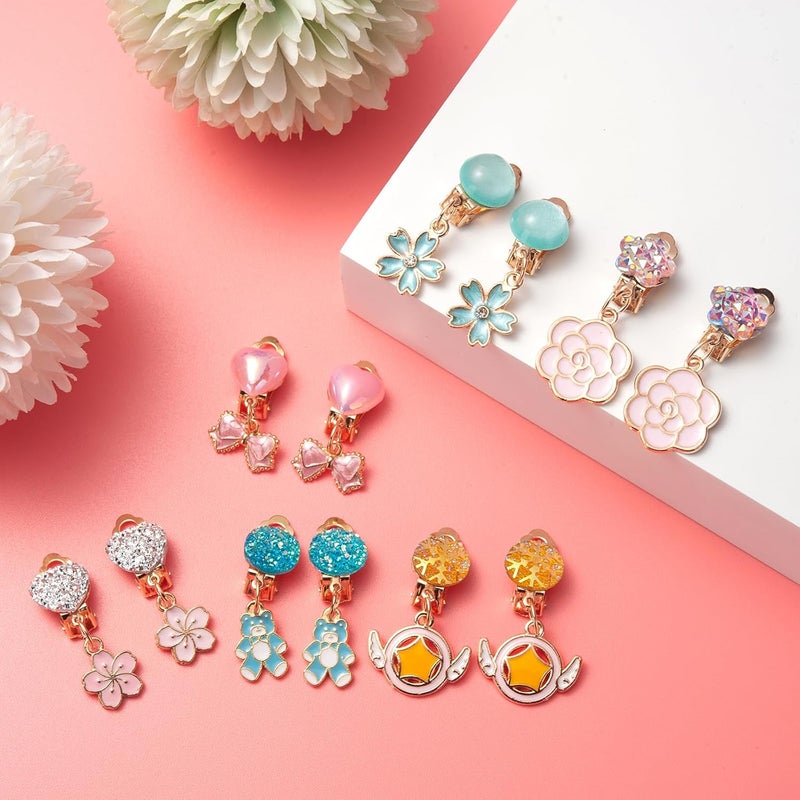 ERDOGLY Clip On Earrings for Girls, 10/12 Pairs Kids Clip On Earrings for Toddler Party Favor, Stick on Earring Jewelry Set for Little Girl Princess Play Ages 3-12 - Image 3